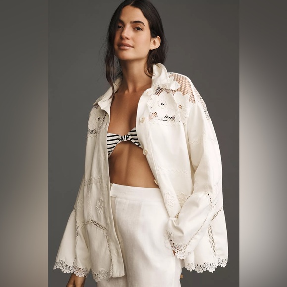 NWT! Anthropologie White Crochet Scallop-Hem Shirt Jacket - Size Small 🛼 - Picture 3 of 3
